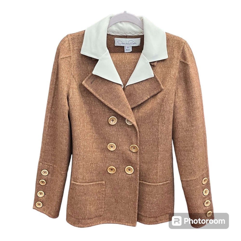 Oscar de la Renta Cashmere Double Breasted Ladies Jacket Tan Cream Size 8